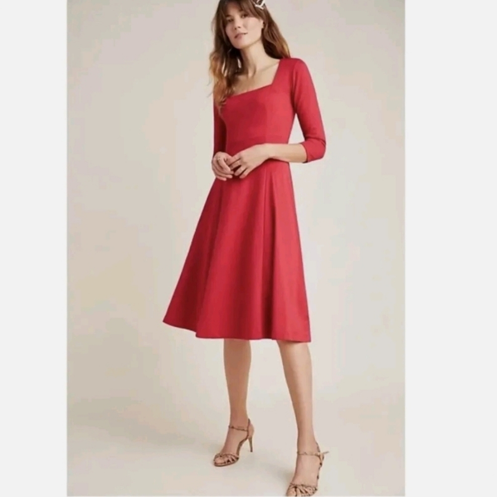 Maeve Anthropologie Red Jocelyn Midi Fit And Flare Stretch Dress Size M